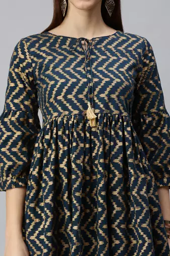 women's calf length keyhole neck navy blue chevron a-line kurta