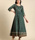 women's ankle length scoop neck green floral anarkali kurta