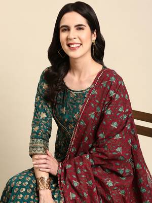 women's ankle length scoop neck green floral anarkali kurta 2