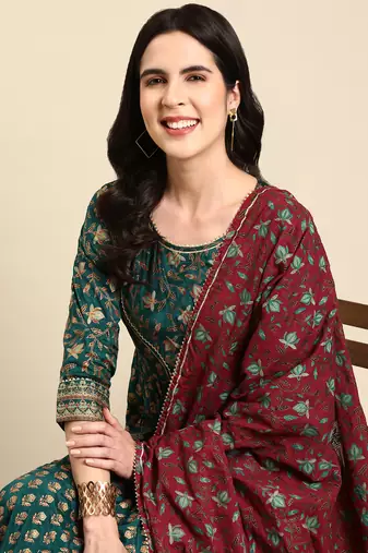 women's ankle length scoop neck green floral anarkali kurta