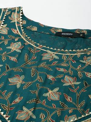 women's ankle length scoop neck green floral anarkali kurta 3