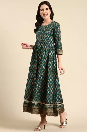 women's ankle length scoop neck green floral anarkali kurta