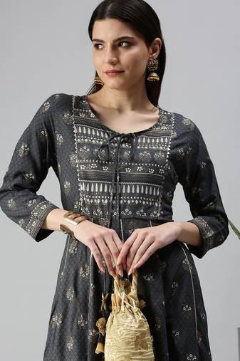women's ankle length keyhole neck grey floral anarkali kurta
