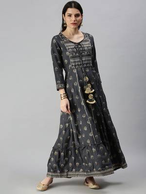 women's ankle length keyhole neck grey floral anarkali kurta 2