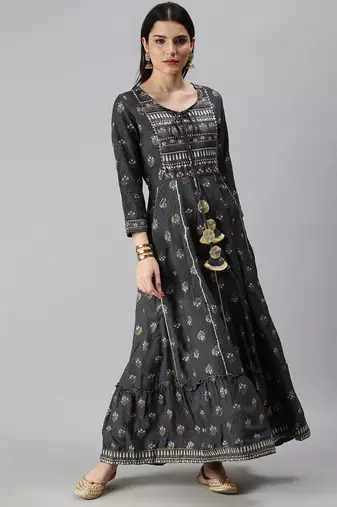 women's ankle length keyhole neck grey floral anarkali kurta