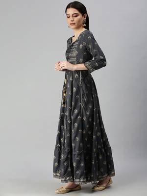 women's ankle length keyhole neck grey floral anarkali kurta 3