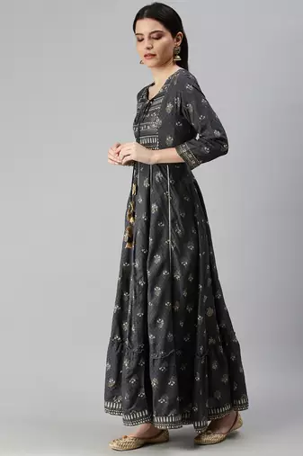 women's ankle length keyhole neck grey floral anarkali kurta