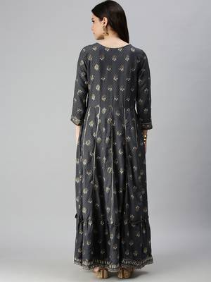 women's ankle length keyhole neck grey floral anarkali kurta 4