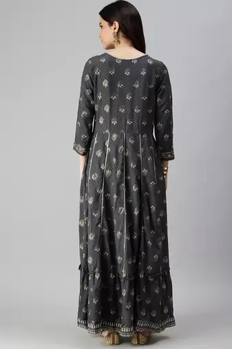 women's ankle length keyhole neck grey floral anarkali kurta