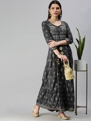 women's ankle length keyhole neck grey floral anarkali kurta 5