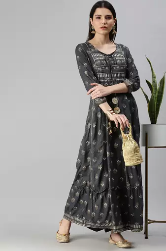 women's ankle length keyhole neck grey floral anarkali kurta