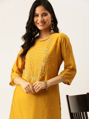 women's calf length round neck mustard solid straight kurta comes with duppatta 1