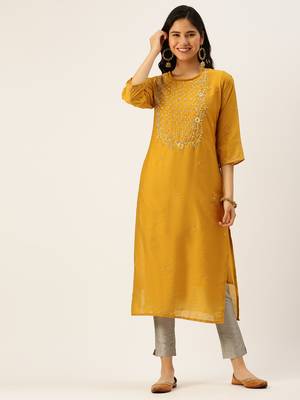 women's calf length round neck mustard solid straight kurta comes with duppatta 2