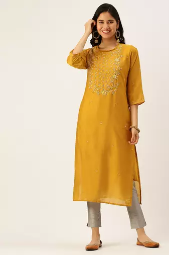 women's calf length round neck mustard solid straight kurta comes with duppatta