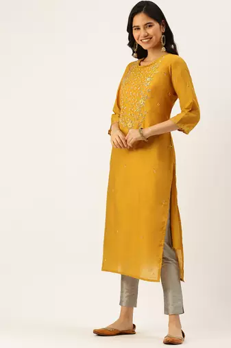 women's calf length round neck mustard solid straight kurta comes with duppatta
