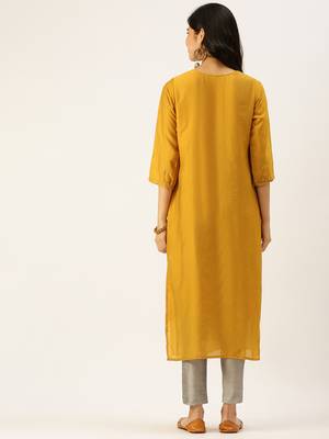 women's calf length round neck mustard solid straight kurta comes with duppatta 4