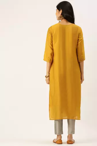 women's calf length round neck mustard solid straight kurta comes with duppatta