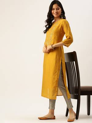 women's calf length round neck mustard solid straight kurta comes with duppatta 5