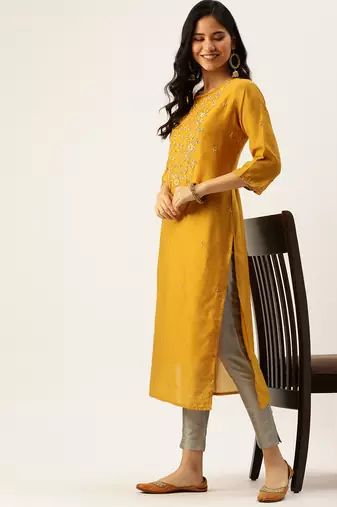 women's calf length round neck mustard solid straight kurta comes with duppatta