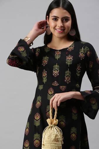 Showoff women's calf length round neck black graphic print anarkali kurta