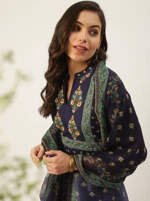women's ankle length mandarin collar violet floral anarkali kurta 1
