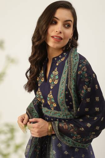 women's ankle length mandarin collar violet floral anarkali kurta