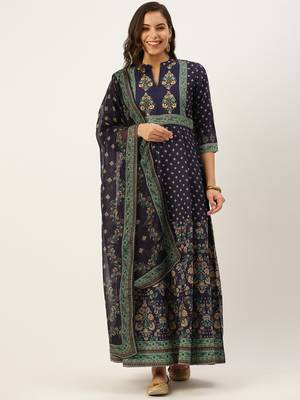 women's ankle length mandarin collar violet floral anarkali kurta 2
