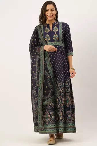 women's ankle length mandarin collar violet floral anarkali kurta