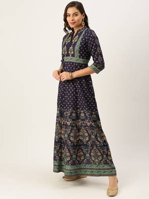 women's ankle length mandarin collar violet floral anarkali kurta 3
