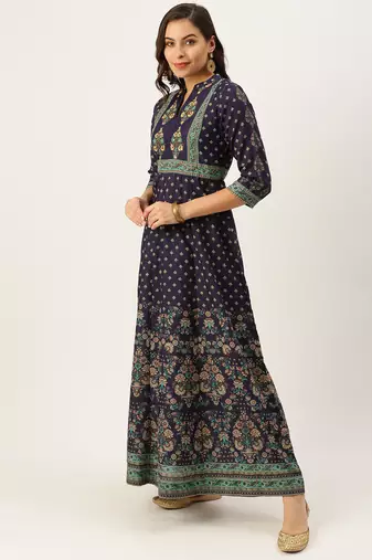 women's ankle length mandarin collar violet floral anarkali kurta