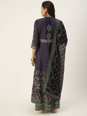 women's ankle length mandarin collar violet floral anarkali kurta 4