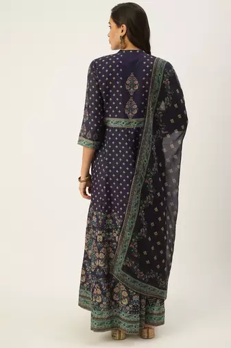 women's ankle length mandarin collar violet floral anarkali kurta