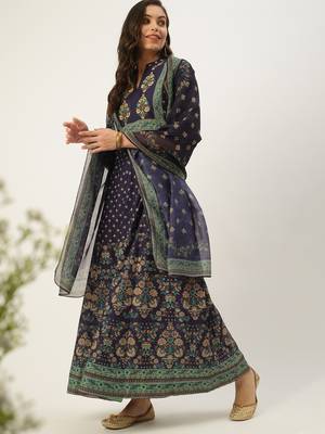 women's ankle length mandarin collar violet floral anarkali kurta 5