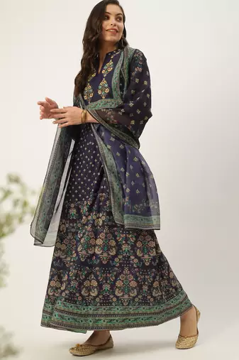 women's ankle length mandarin collar violet floral anarkali kurta