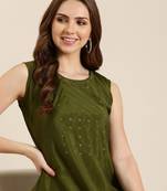 women's ankle length round neck olive solid a-line kurta