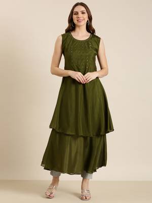 women's ankle length round neck olive solid a-line kurta 2