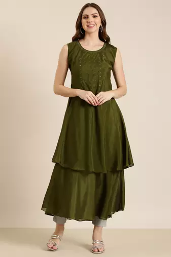 women's ankle length round neck olive solid a-line kurta