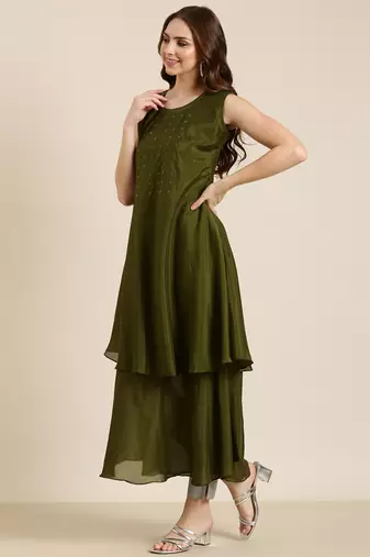 women's ankle length round neck olive solid a-line kurta