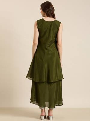 women's ankle length round neck olive solid a-line kurta 4