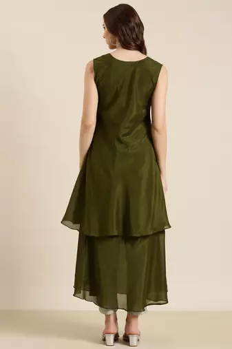 women's ankle length round neck olive solid a-line kurta