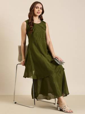 women's ankle length round neck olive solid a-line kurta 5