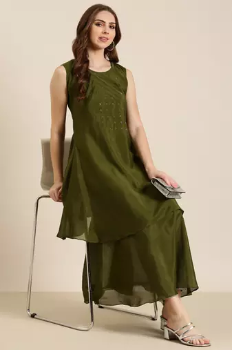 women's ankle length round neck olive solid a-line kurta