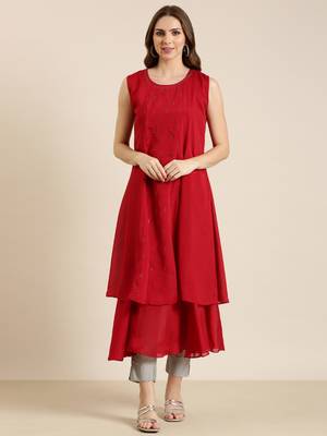 women's ankle length round neck red solid a-line kurta 2
