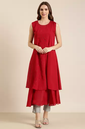 women's ankle length round neck red solid a-line kurta