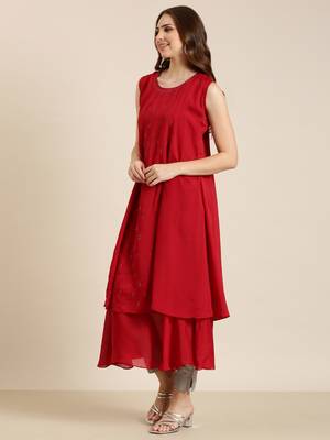 women's ankle length round neck red solid a-line kurta 3