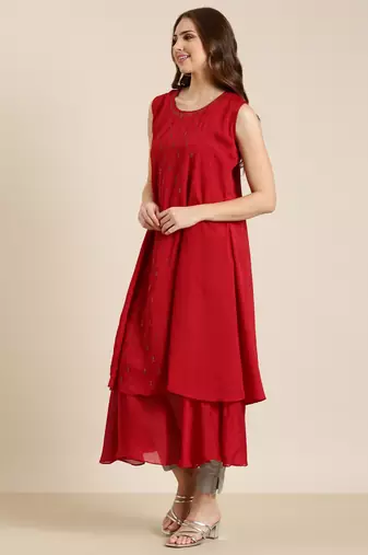 women's ankle length round neck red solid a-line kurta