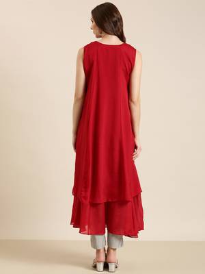 women's ankle length round neck red solid a-line kurta 4