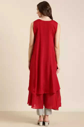 women's ankle length round neck red solid a-line kurta
