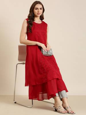 women's ankle length round neck red solid a-line kurta 5