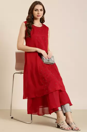 women's ankle length round neck red solid a-line kurta
